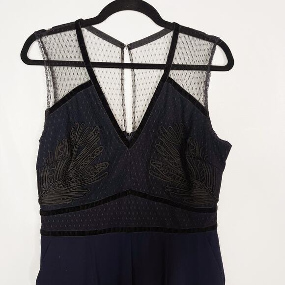 Harlyn Large L Navy Blue Black Lace Illusion Neck Jumpsuit Sleeveless Overlay - Picture 3 of 12
